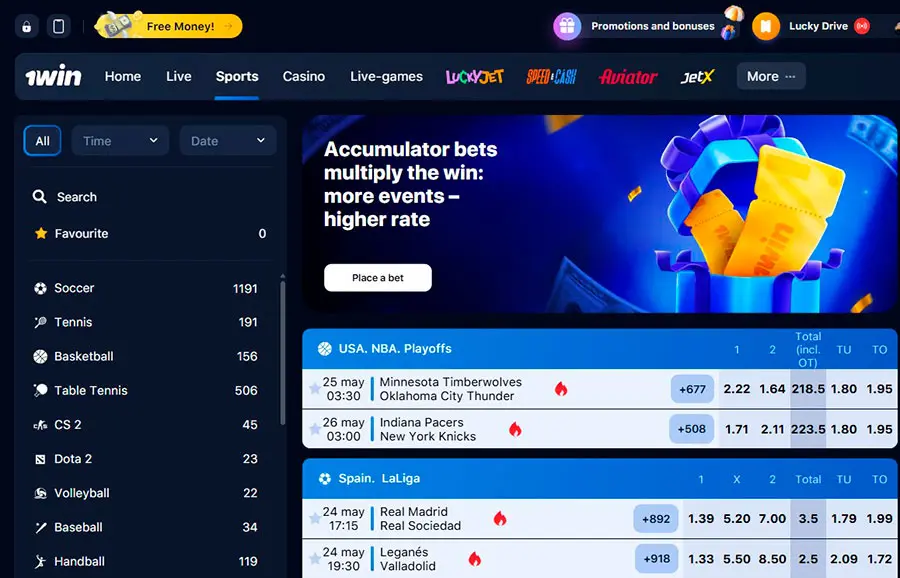 1 Win Sports Betting website user interface