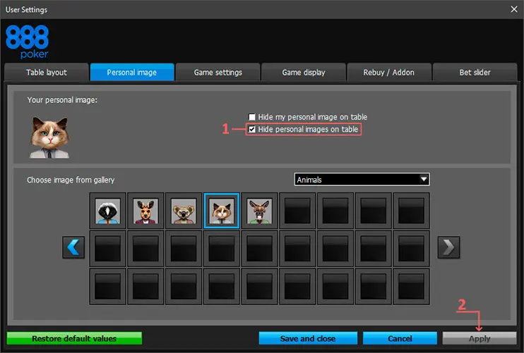 888poker Layout отключение аватаров