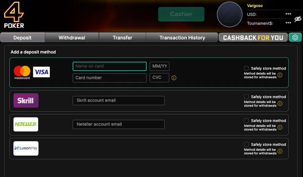 4Poker deposit methods