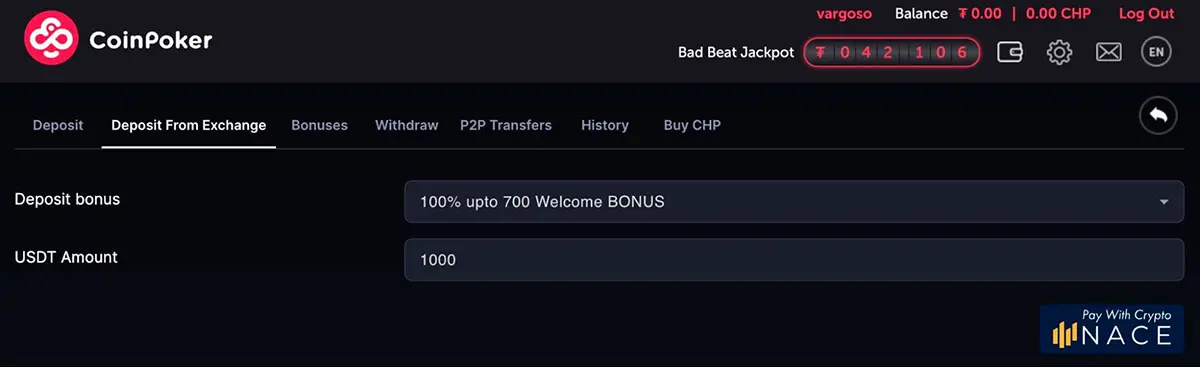 Coin Poker Deposit From the Exchange Wallet the Amount of the Deposit