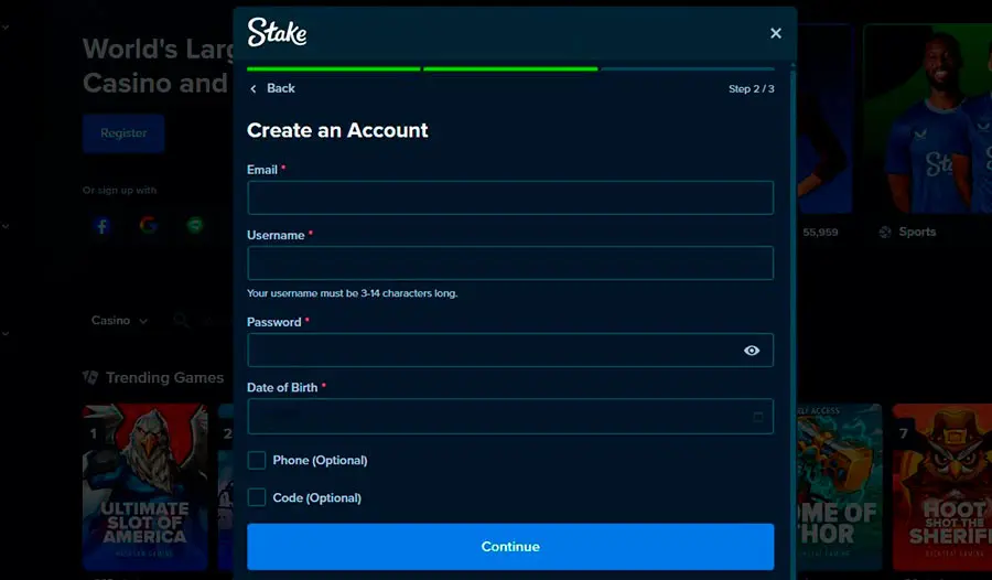 Stake Com Form Registration