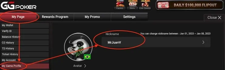 Change GGPoker nickname step 1