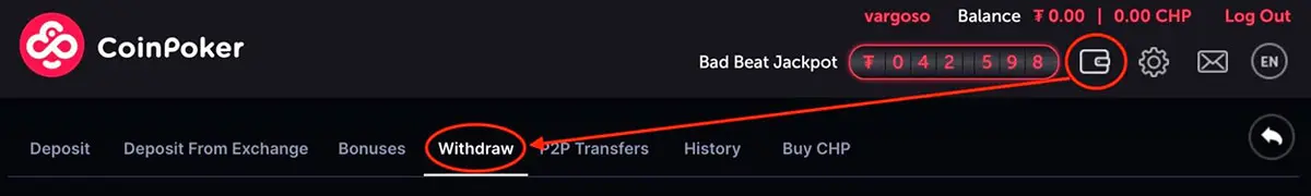 CoinPoker withdraw tab
