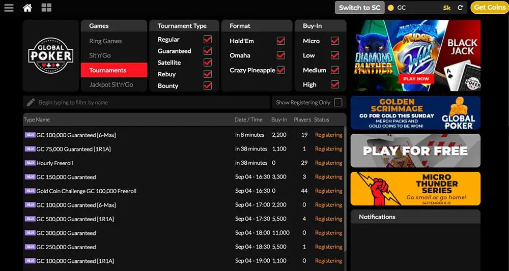 Global Poker Tournaments Lobby