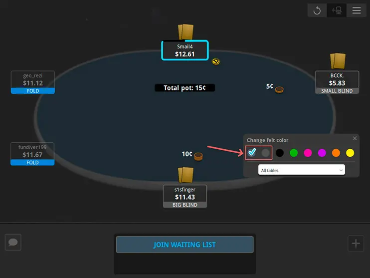 888poker Layout выбор сукна стола