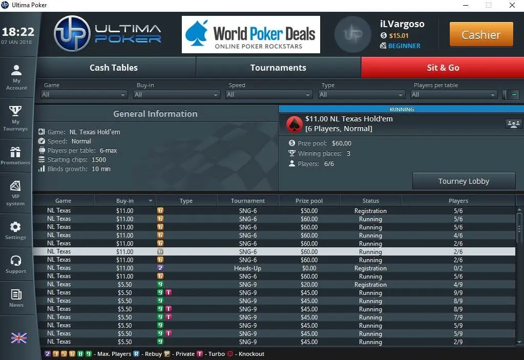 Ultima Poker Sit&Go lobby