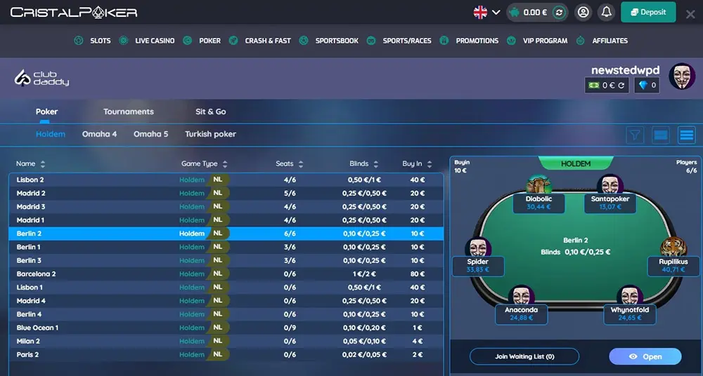 Cristal Poker New Cash Table Loobby