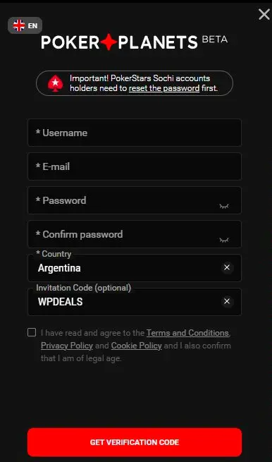 PokerPlanets форма регистрации