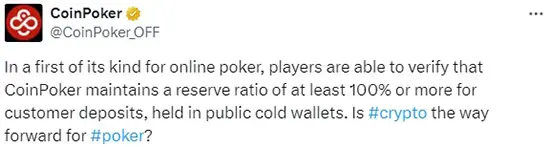 Сообщение от Coin Poker в Х о запуске Proof of Reserves 