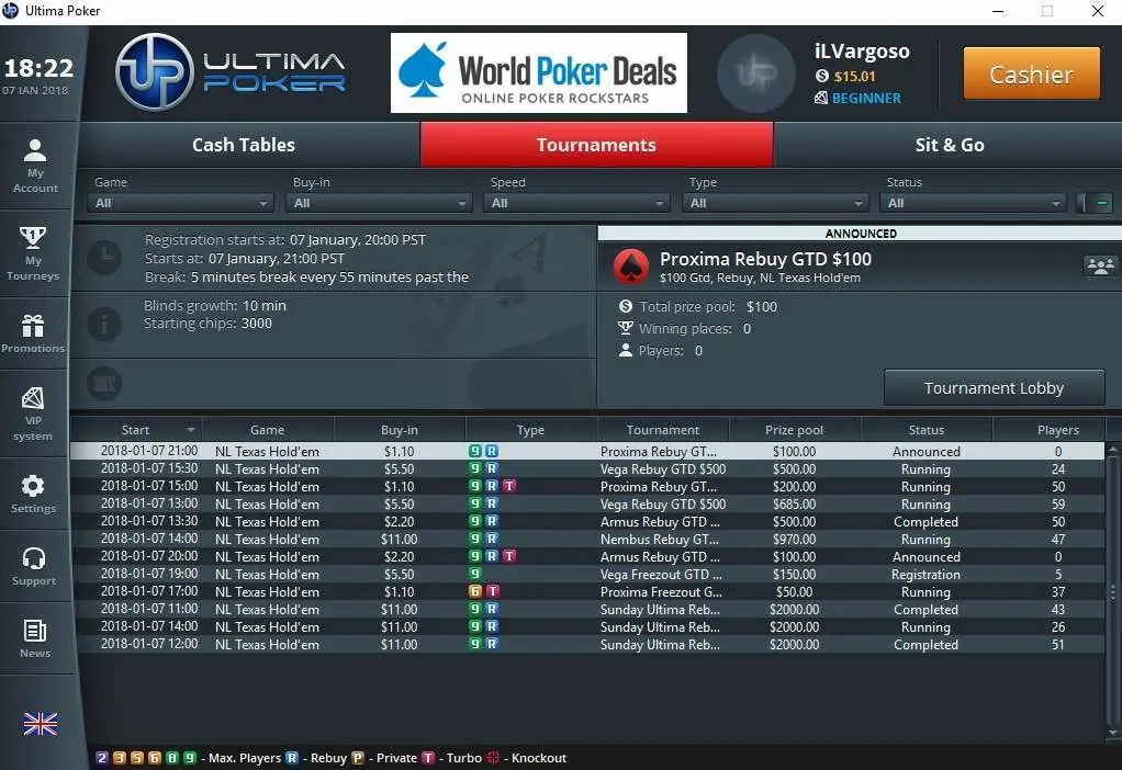 Ultima Poker tournament lobby