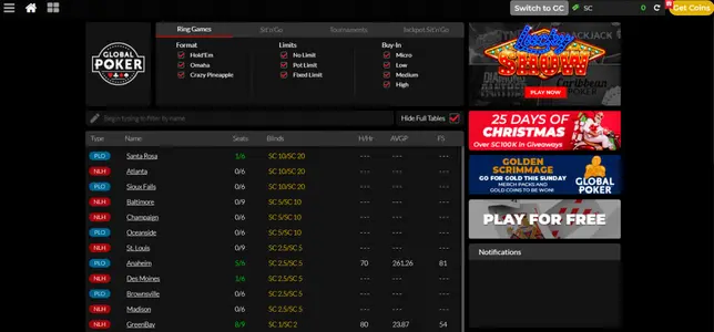 Global Poker Cash Lobby