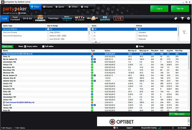 Optibet Poker лоби кеш-столов