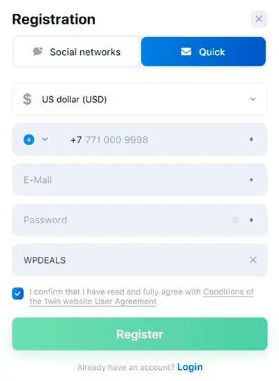 1win Registration Quick