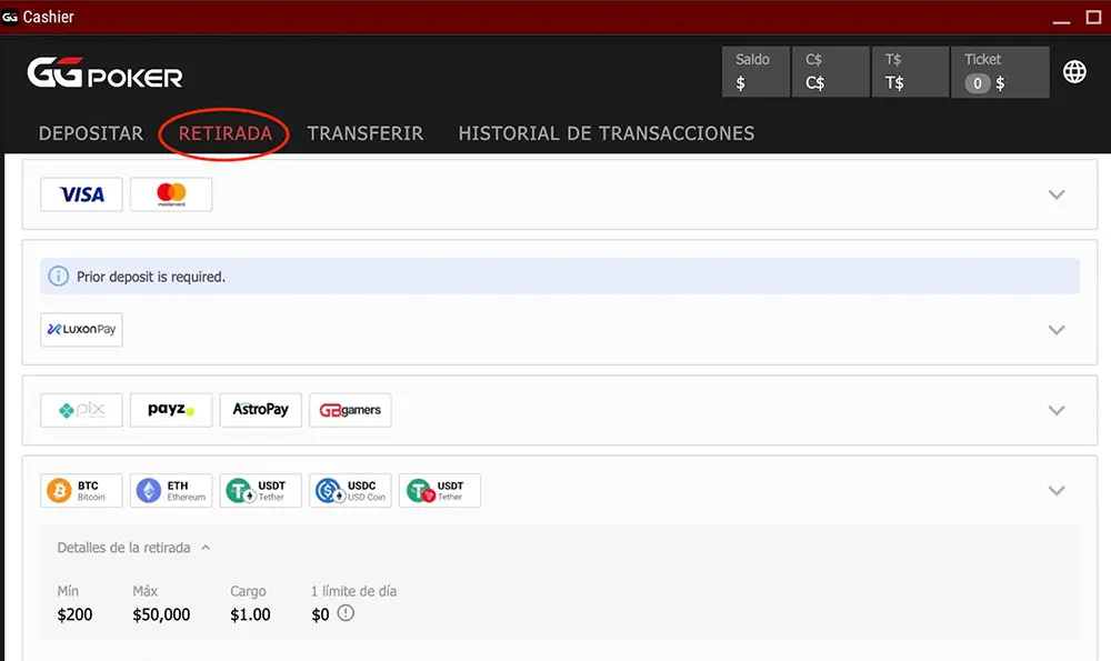 Métodos de retirada de GGPoker