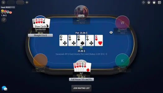 1 Win Poker Omaha Table