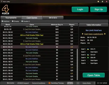 4 Poker Cash Tables Lobby