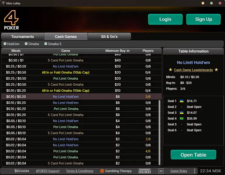 4 Poker Cash Tables Lobby