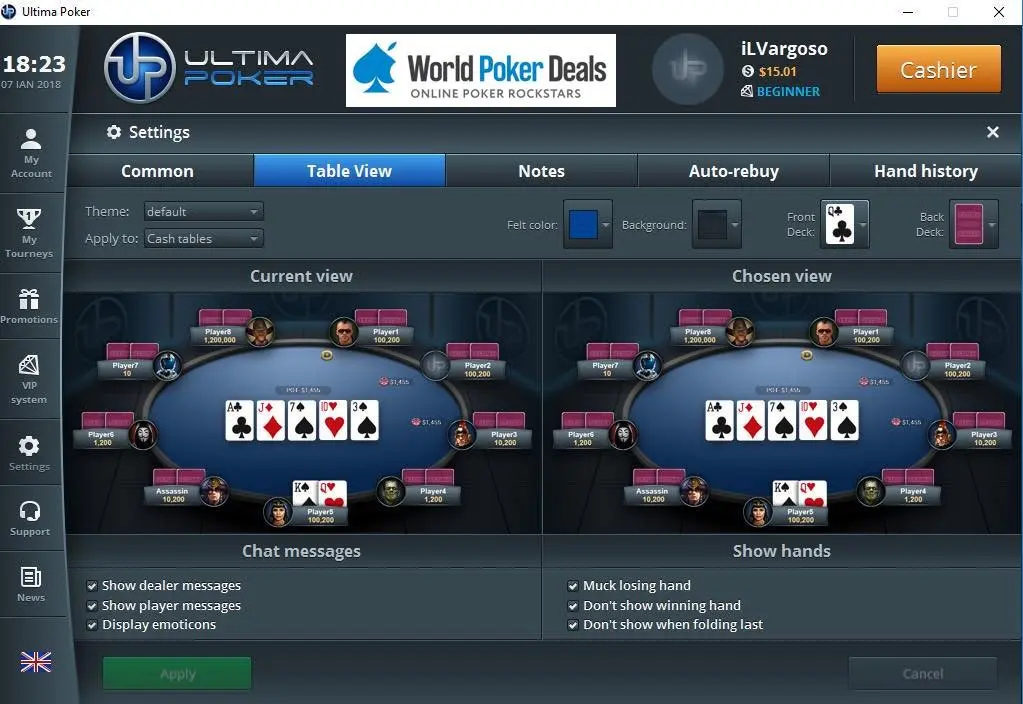 Table setup Ultima Poker