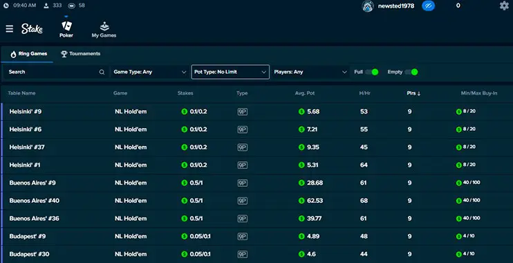 Stake Poker Cash Tables Lobby
