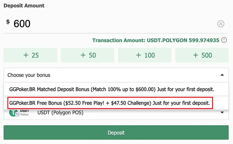Choosing $100 Free Bonus at Ggpoker